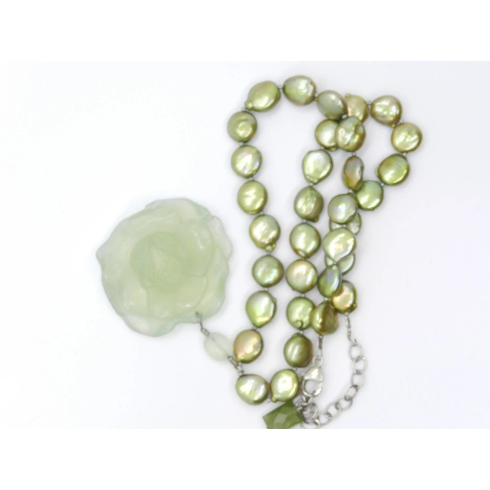 Rose and Green Swarovski Pearl Necklace, Botanical Garden Pendant